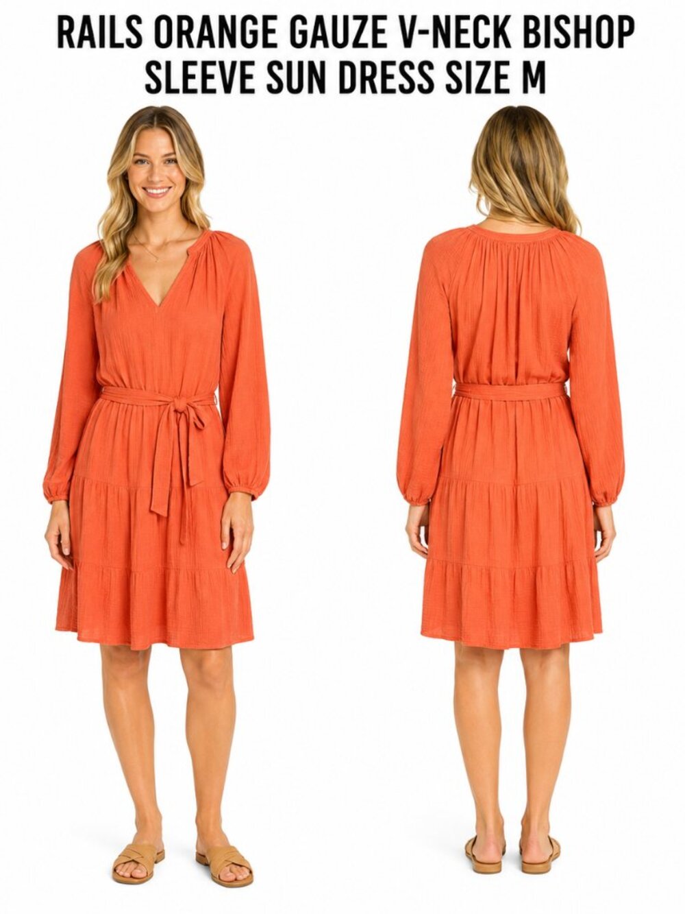 Rails Orange Gauze V-Neck Bishop Style Sleeves Sun Dress Size M